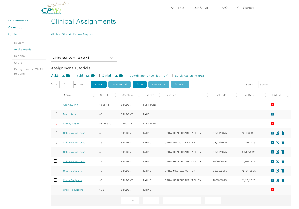 Assignments table overview