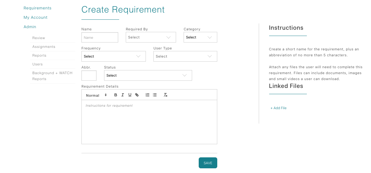 Create requirement form fields