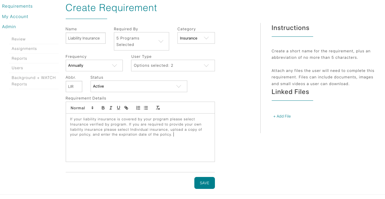 Insurance requirement setup screen
