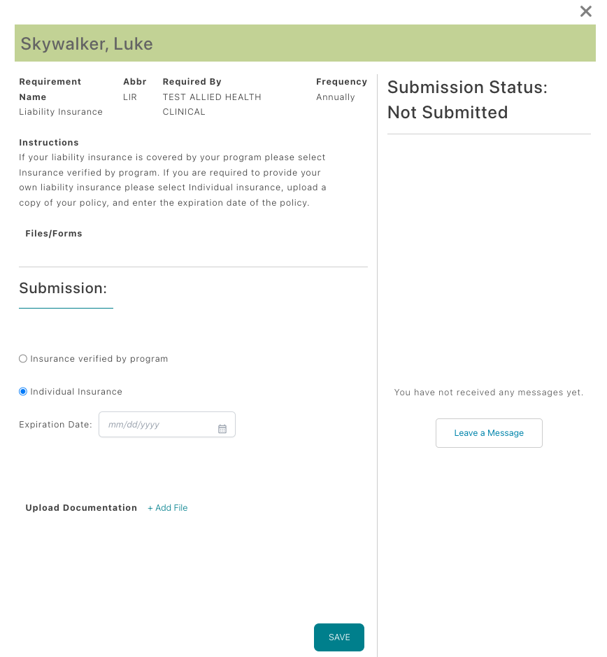 Completed insurance requirement example