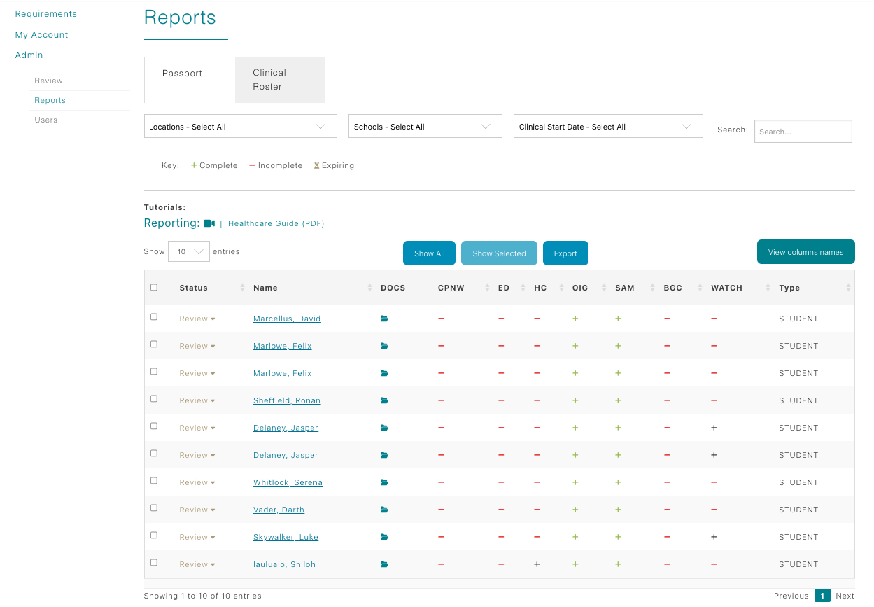 Healthcare reports and roster tables