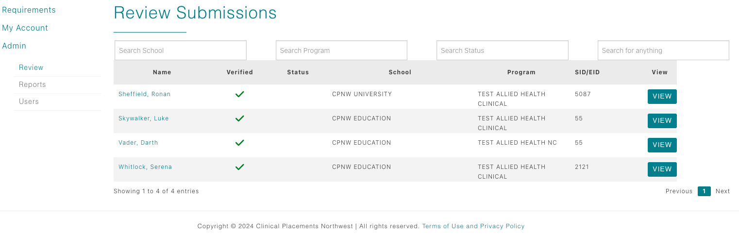 Healthcare review submissions table