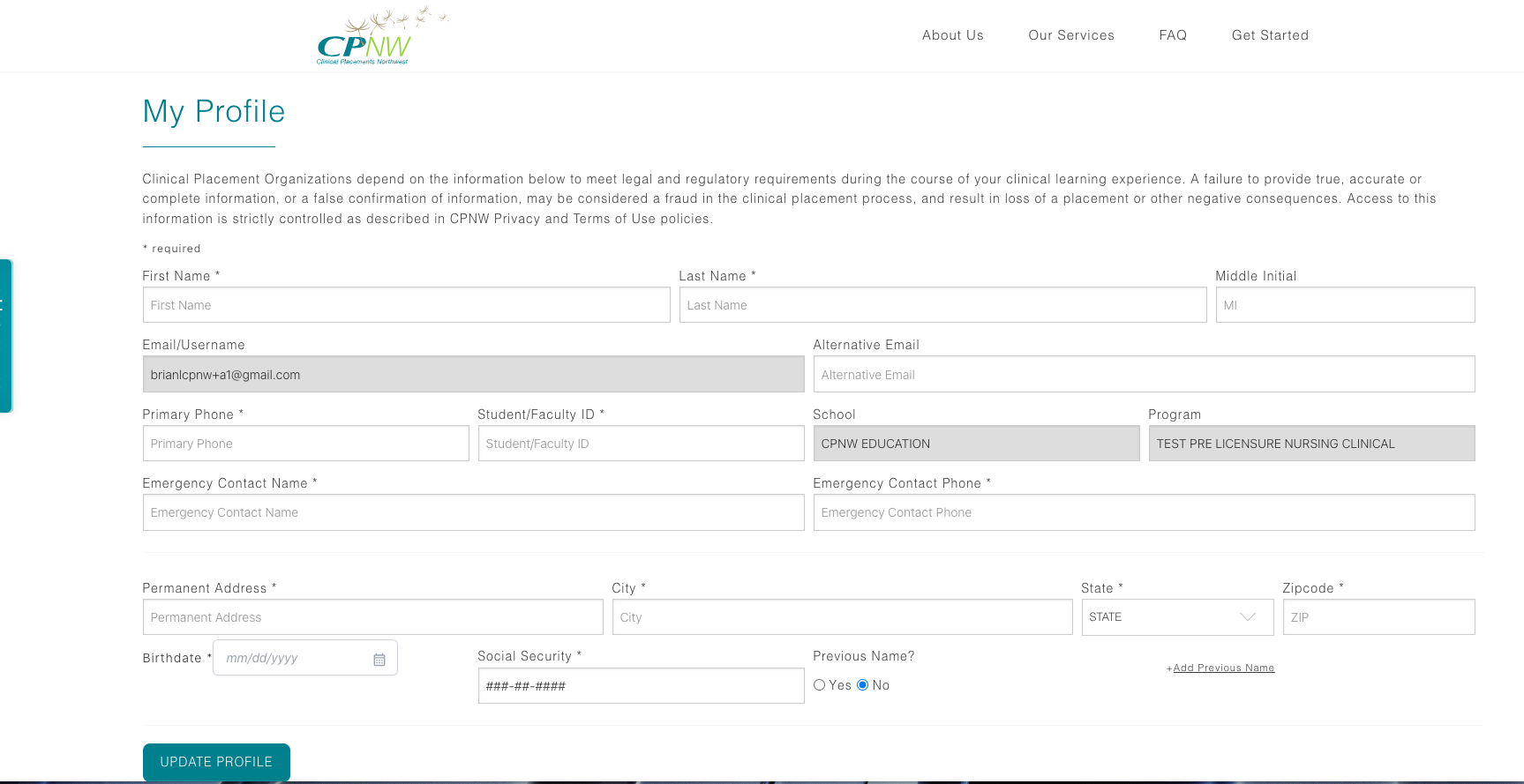 CPNW profile registration form