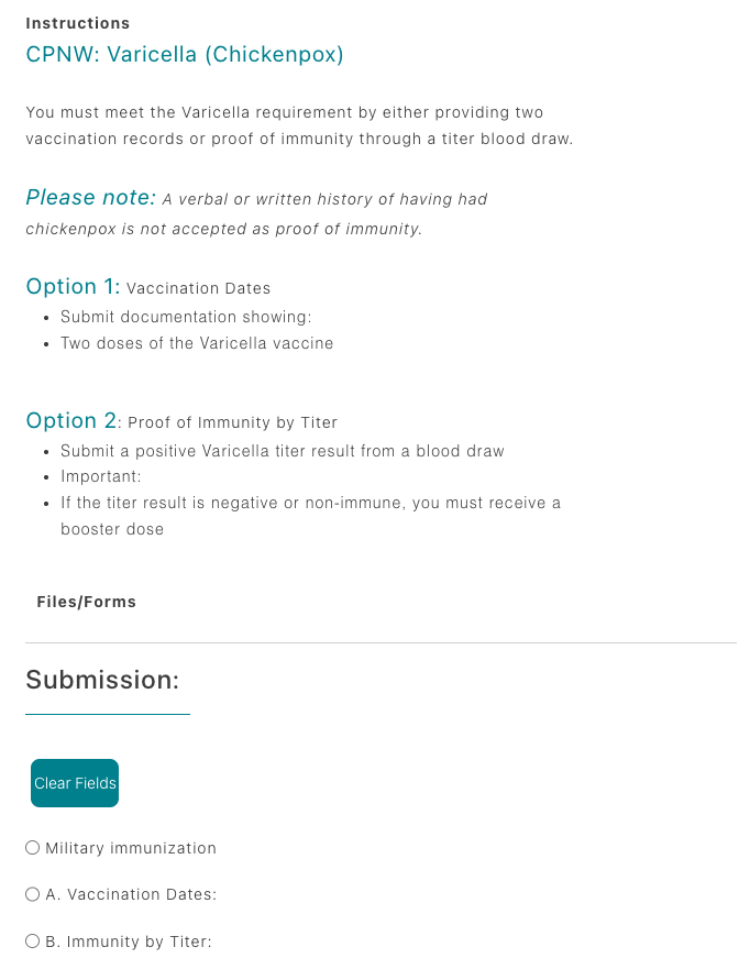 Varicella requirement submission view